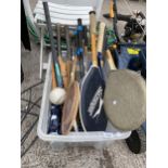 AN ASSORTMENT OF SPORTS EQUIPMENT TO INCLUDE CRICKET BATS AND TENNIS RACKETS ETC