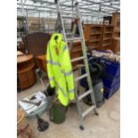 AN ASSORTMENT OF TOOLS TO INCLUDE A THREE WAY FOLDING LADDER, A POST KNOCKER AND A HI VIZ JACKET ETC