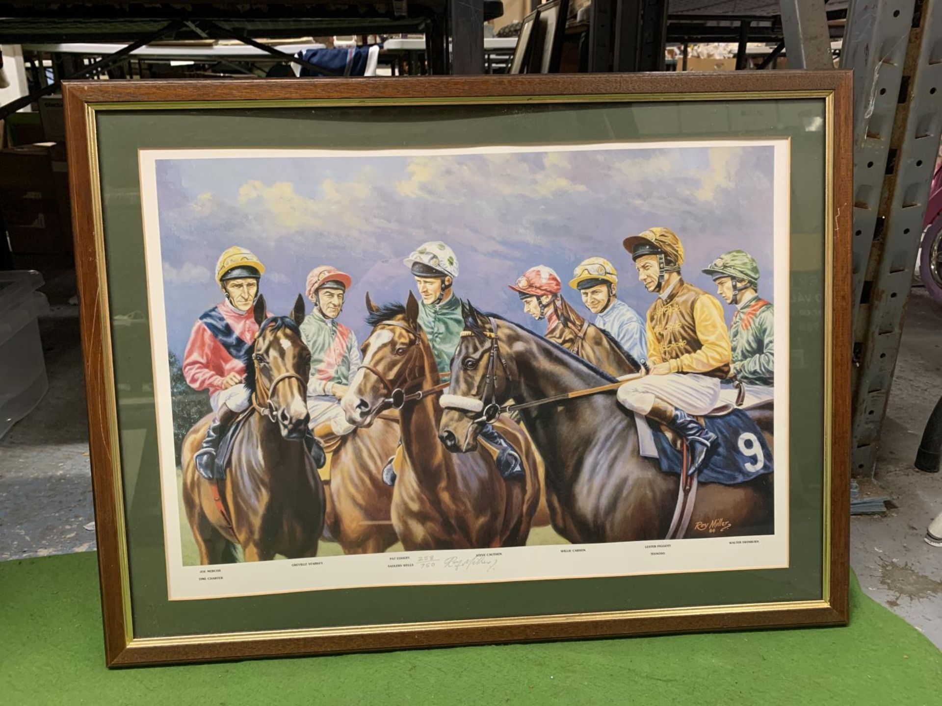 A LIMITED EDITION 258/750 FRAMED PRINT OF JOCKEYS STEVE CAUTHEN, JOE MERCER, GREVILLE STARKEY, PAT