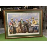 A LIMITED EDITION 258/750 FRAMED PRINT OF JOCKEYS STEVE CAUTHEN, JOE MERCER, GREVILLE STARKEY, PAT