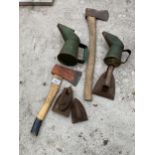 AN ASSORTMENT OF VINTAGE ITEMS TO INCLUDE TWO AXES, THREE FLAT IRONS AND TWO OIL JUGS ETC