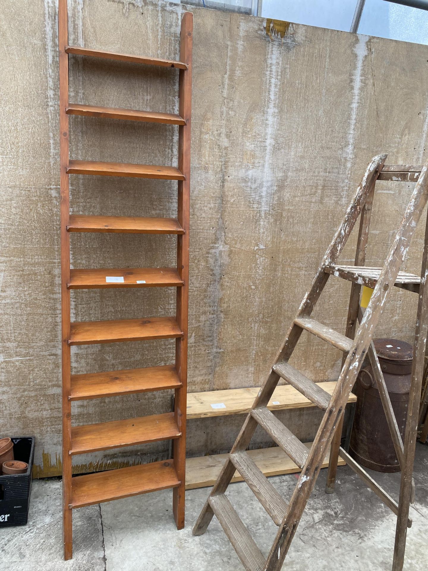 A WOODEN NINE RUNG LADDER AND A VINTAGE FIVE RUNG WOODEN STEP LADDER - Image 3 of 3