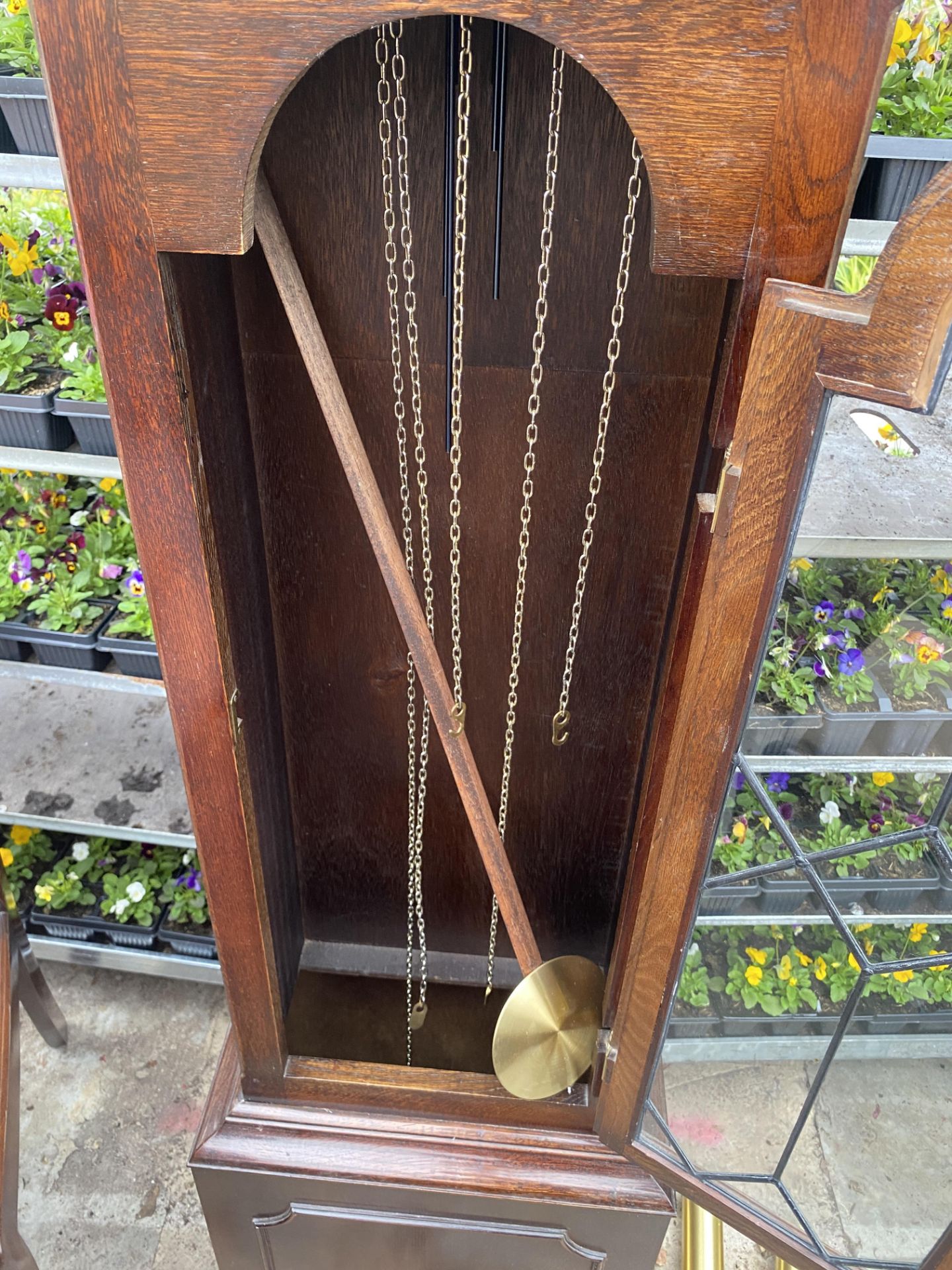 A RICHARD BROAD THREE WEIGHT LONGCASE CLOCK WITH GLASS DOOR 'TEMPUS FUGIT' - Image 4 of 5