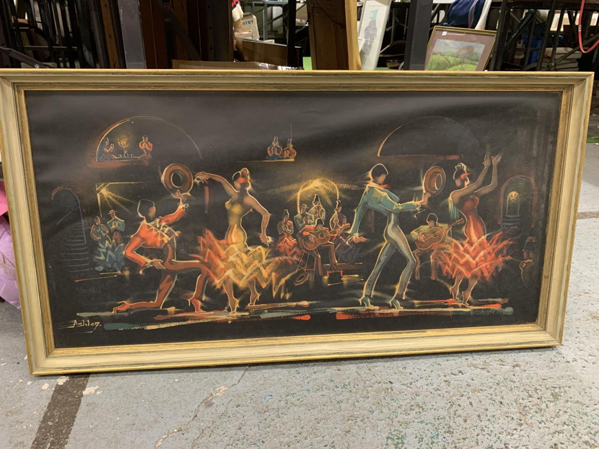 A LARGE COLOURFUL PRINT OF FLAMENCO DANCERS, FRAMED, 50CM X 96CM