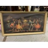 A LARGE COLOURFUL PRINT OF FLAMENCO DANCERS, FRAMED, 50CM X 96CM