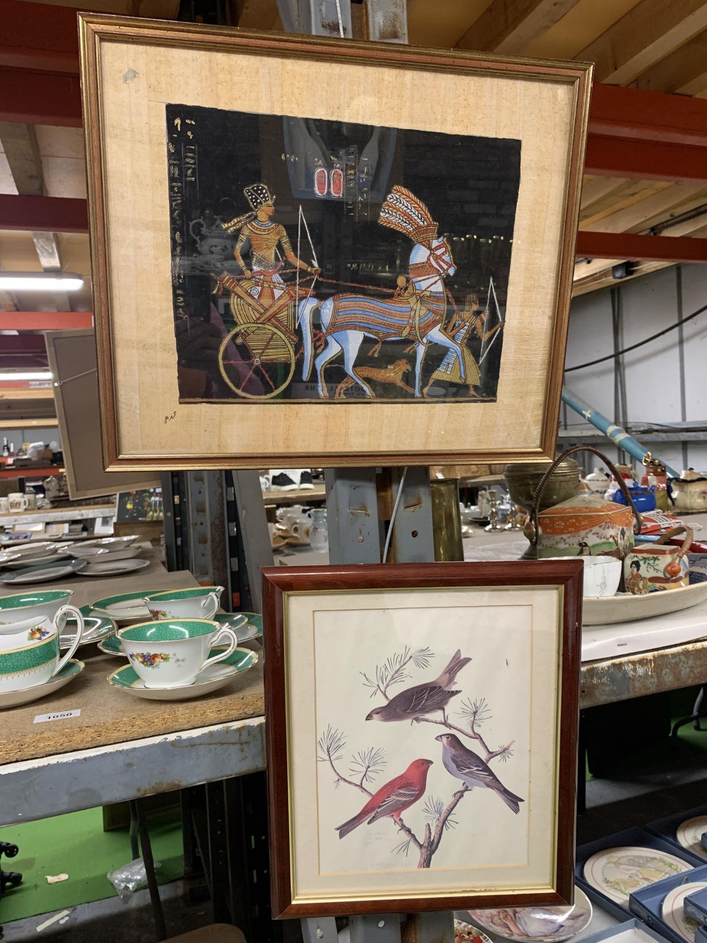 TWO FRAMED WALL HANGINGS TO INCLUDE BIRD SCENE AND EGYPTIAN HORSE AND CART WITH GALLERY CERTIFICATE