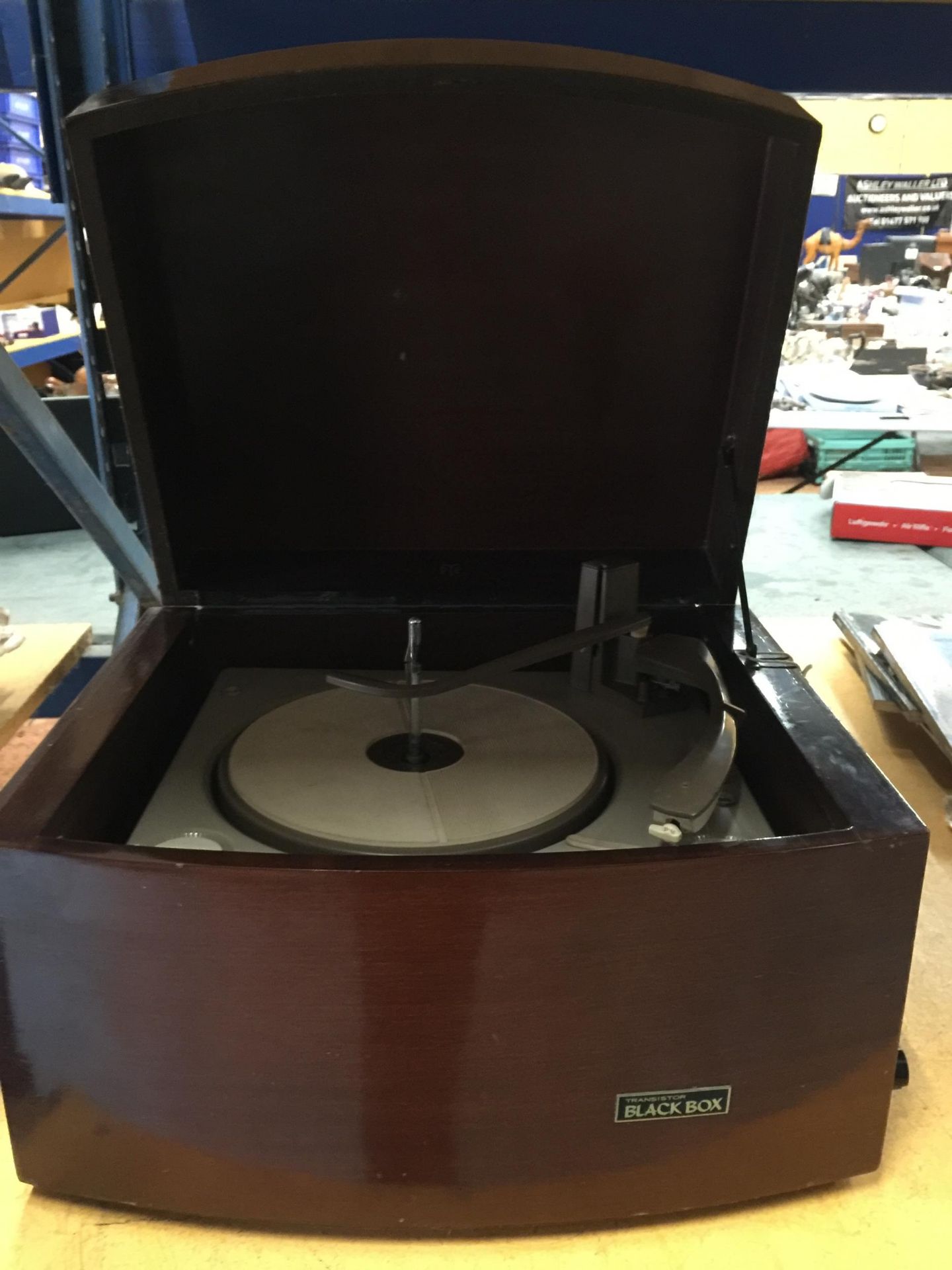 A 1950'S PYE BLACK BOX STEREO RECORD PLAYER WITH MONARCH TURNTABLE IN A MAHOGANY CASE