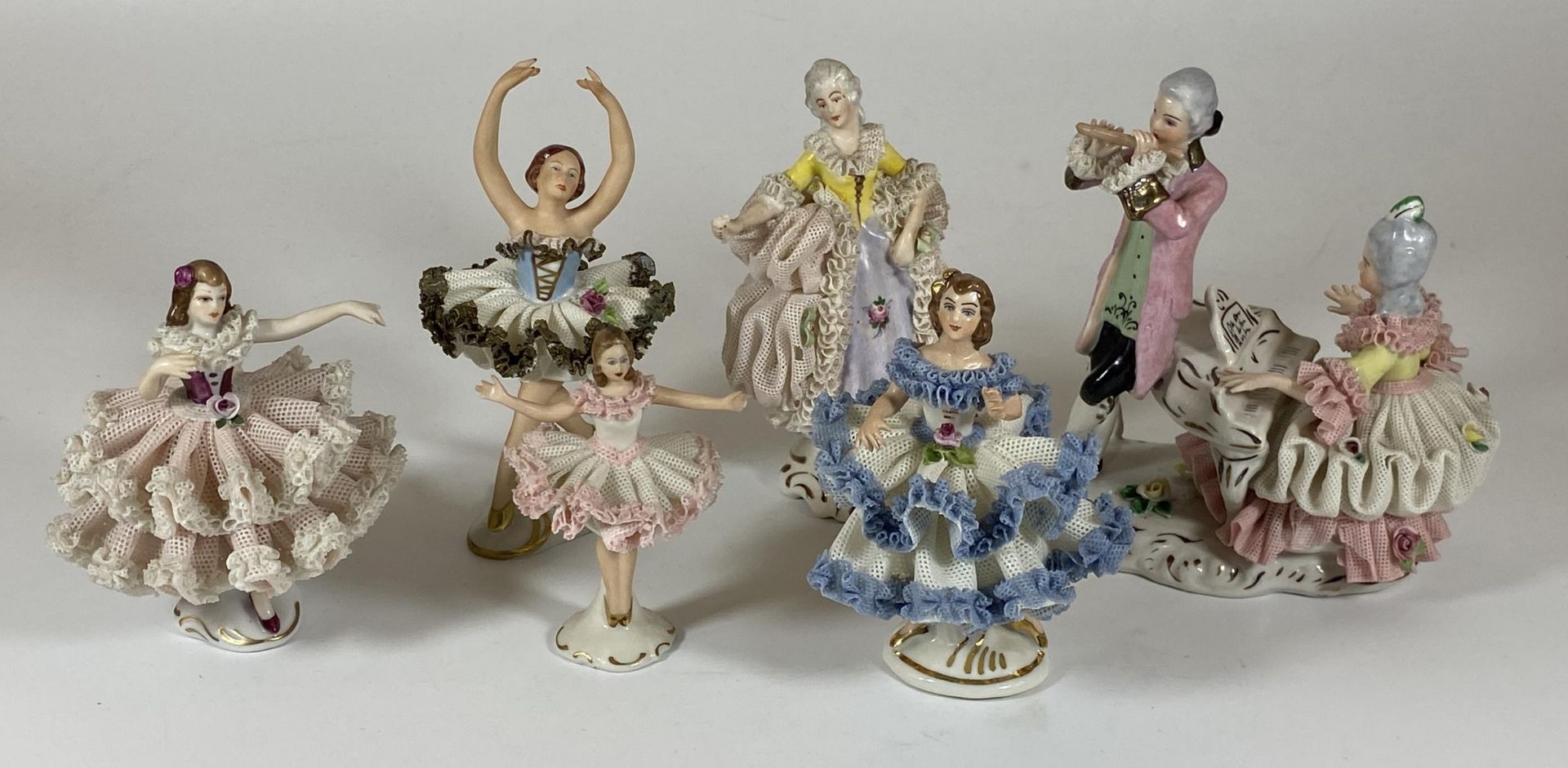 A COLLECTION OF VINTAGE DRESDEN LACE CONTINENTAL FIGURES