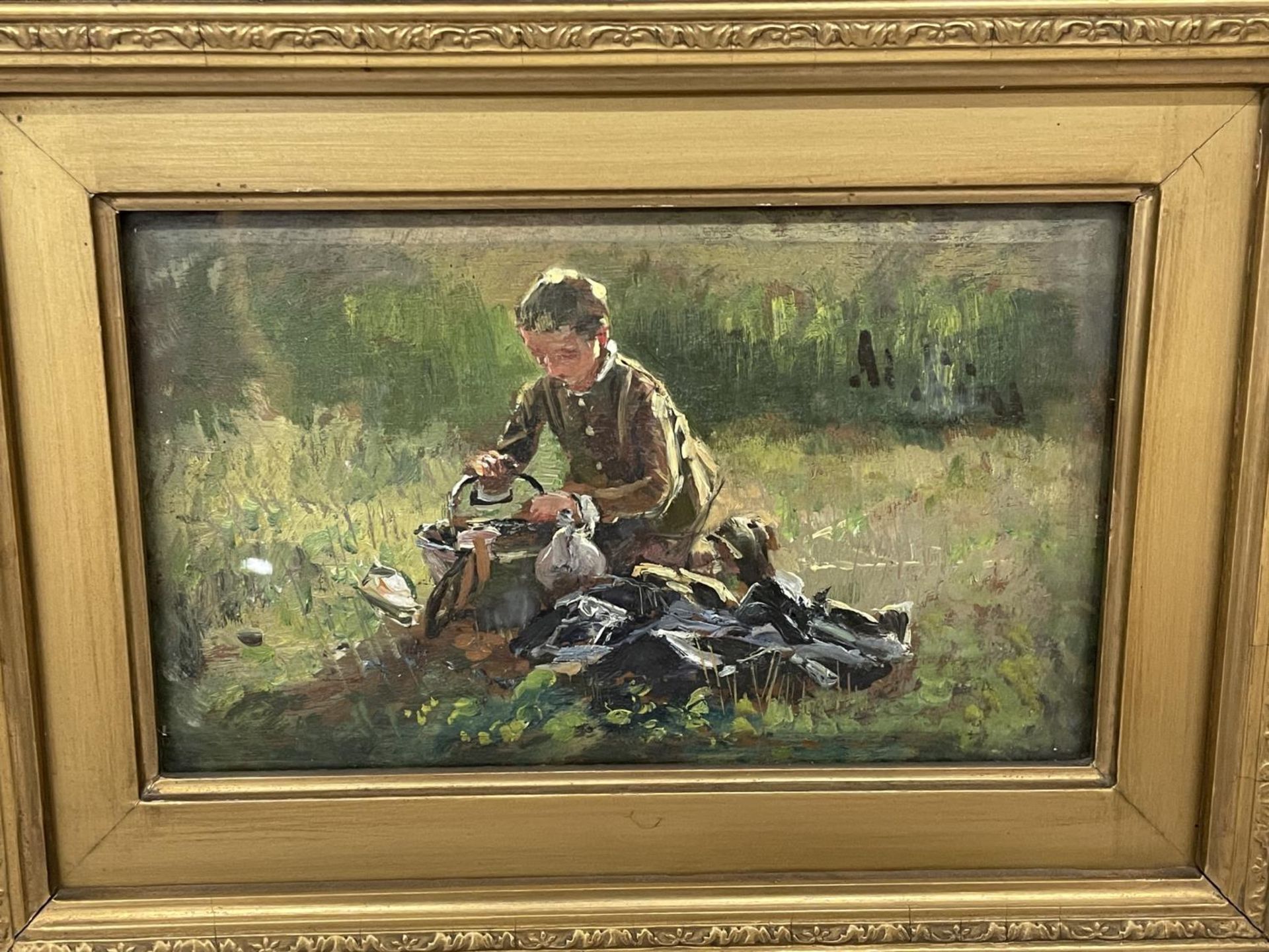 BELGIUM SCHOOL (LATE 19TH CENTURY) BOY WITH BUCKET, OIL ON PANEL, 13CM X 21CM, FRAMED AND GLAZED - Image 2 of 4