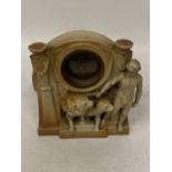 A CLASSICAL POTTERY MANTLE CLOCK WITH LION AND FIGURE DESIGN