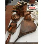 A GROUP OF VINTAGE METALWARES - COPPPER COAL BUCKET, BELLOWS, KETTLE ETC