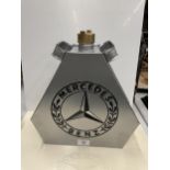 A SILVER MERCEDES PETROL CAN WITH BRASS TOP