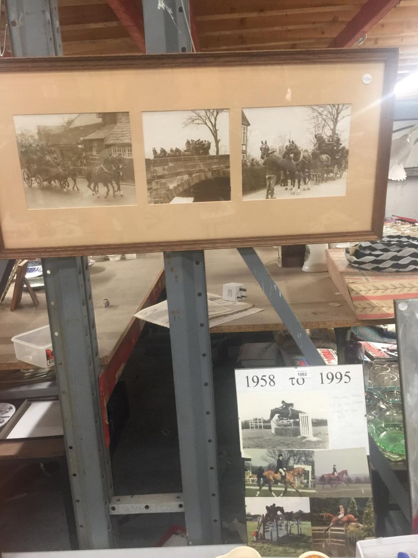 A FRAMED SEPIA STYLE PICTURE OF A CARRIAGE AND FOUR HORSES PLUS A FRAMED MONTAGE OF EVENTING AND