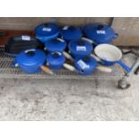 A LARGE COLLECTION OF BLUE LE CREUSET PANS TO INCLUDE A CASAROLE DISH, VARIOUS SIZED SAUCEPANS