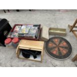 AN ASSORTMENT OF ITEMS TO INCLUDE A DART BOARD, VHS VIDEOS AND A BREAD BIN ETC