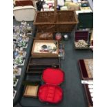 A MIXED LOT TO INCLUDE JEWELLERY BOXES, PEN KNIVES, WICKER BASKET, CANDLES, ETC.,