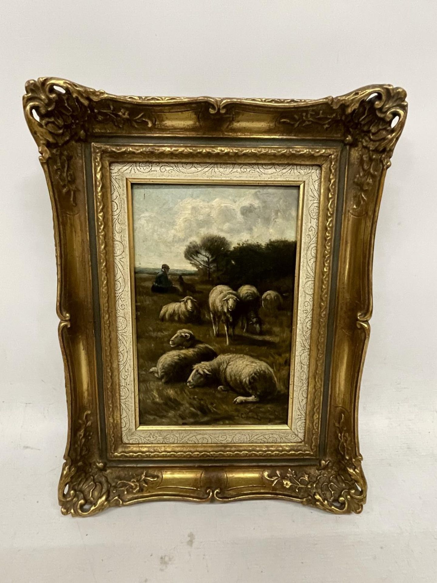 CORNELIUS VAN LEEMPUTEN (BELGIUM 1841- 1902) SHEEP IN A WOODLAND SETTING, OIL ON PANEL, SIGNED, 27CM
