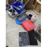 AN ASSORTMENT OF ITEMS TO INCLUDE TARP SHEETS, GUTTER FITTINGS AND GARDEN TOOLS ETC
