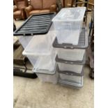 EIGHT VARIOUS PLASTIC STORAGE BOXES WITH LIDS