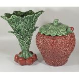 TWO LARGE MAJOLICA STYLE ITEMS - VASE AND STRAWBERRY POT WITH LADLE