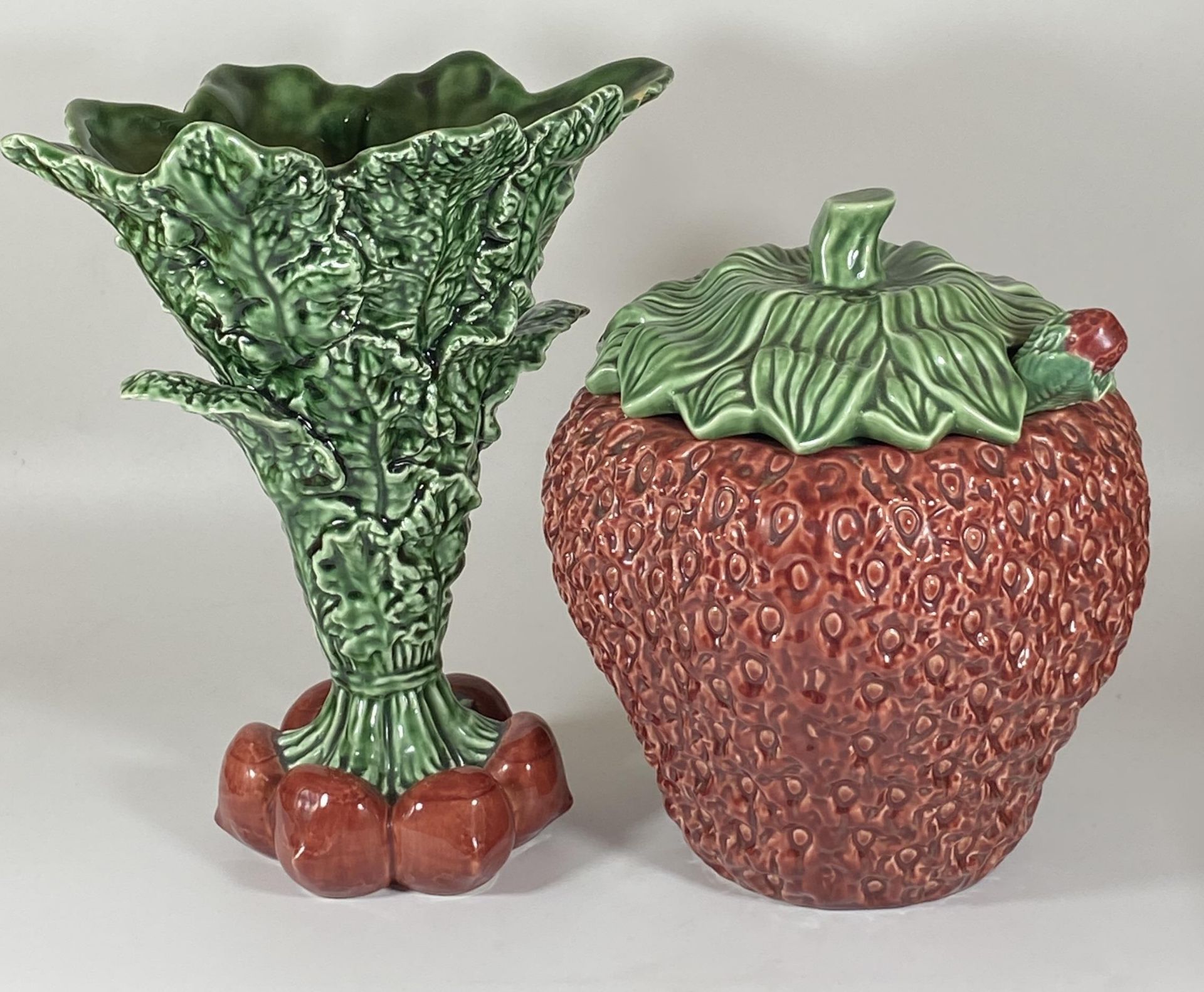 TWO LARGE MAJOLICA STYLE ITEMS - VASE AND STRAWBERRY POT WITH LADLE
