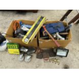 AN ASSORTMENT OF ITEMS TO INCLUDE TOOLS, CAR LIGHTS AND CLAMPS ETC