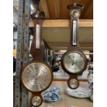 TWO MAHOGANY CASED WALL MOUNTED ANEROID BAROMETERS