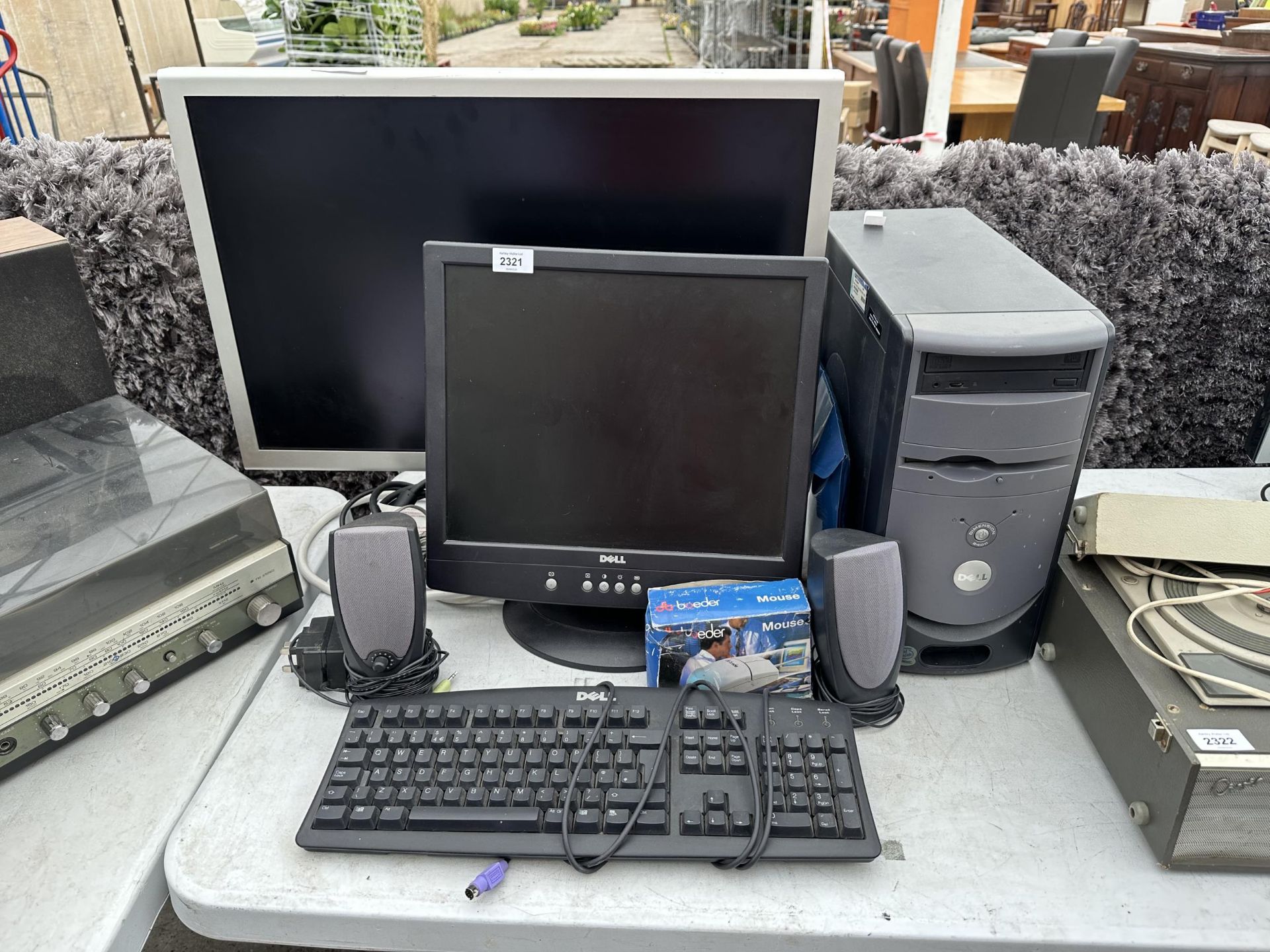 AN ASSORTMENT OF ITEMS TO INCLUDE AN APPLE COMPUTER MONITOR, A DELL MONITOR, A DELL TOWER AND