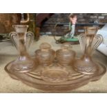 AN ART DECO STYLE PINK GLASS DRESSING TABLE SET