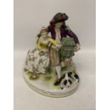 A BELIEVED RUDOLFSTADT CONTINENTAL PORCELAIN FIGURE GROUP DEPICTING A GENT AND LADY WITH A DOG