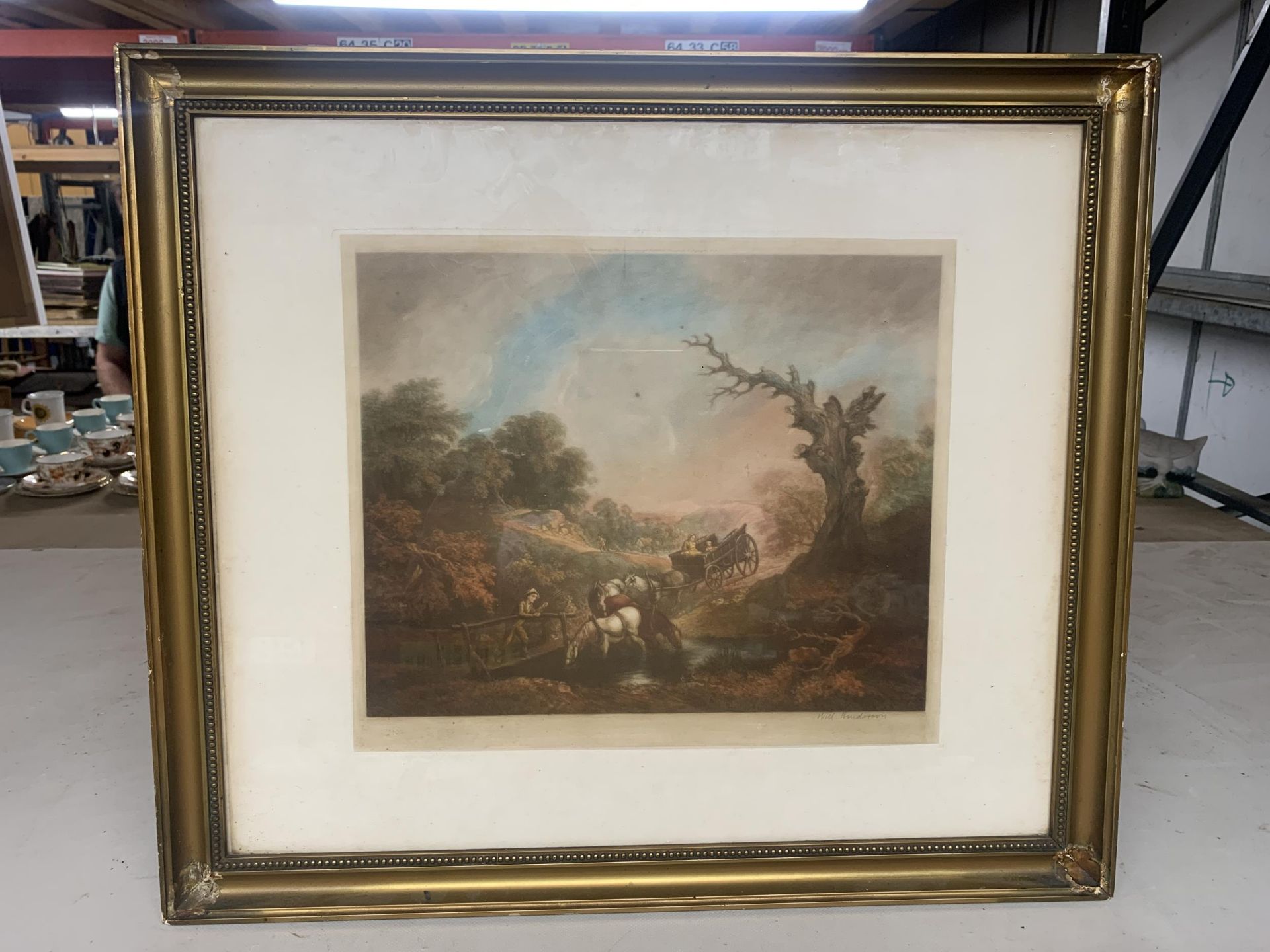 A GILT FRAMED WILL HUDSON ENGRAVING OF A HORSE AND CART RIVER SCENE