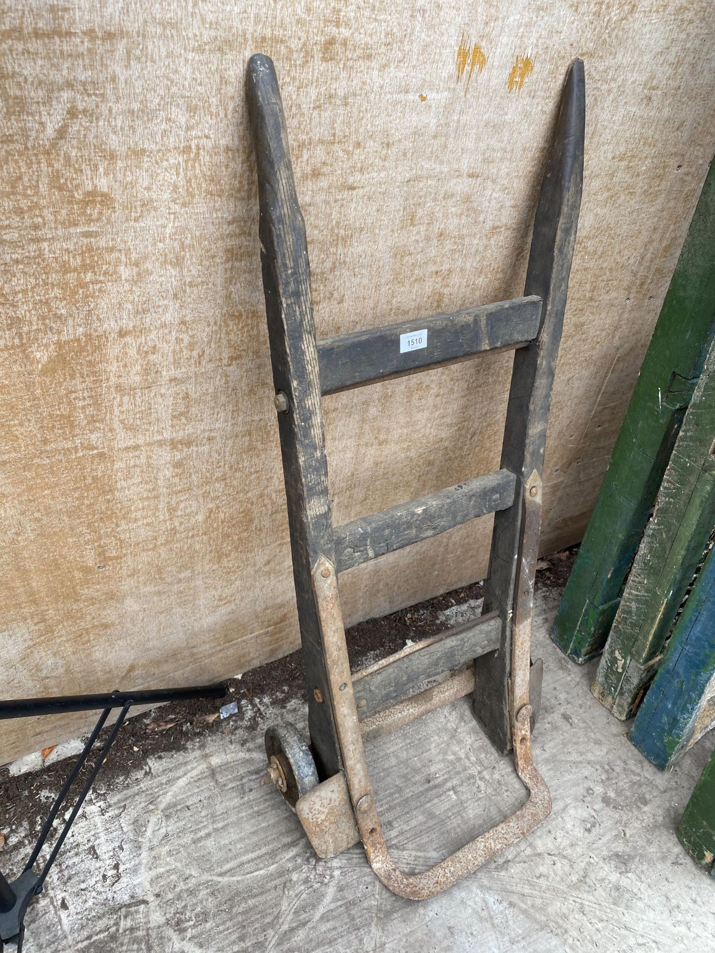 A VINTAGE WOODEN AND METAL SACK TRUCK