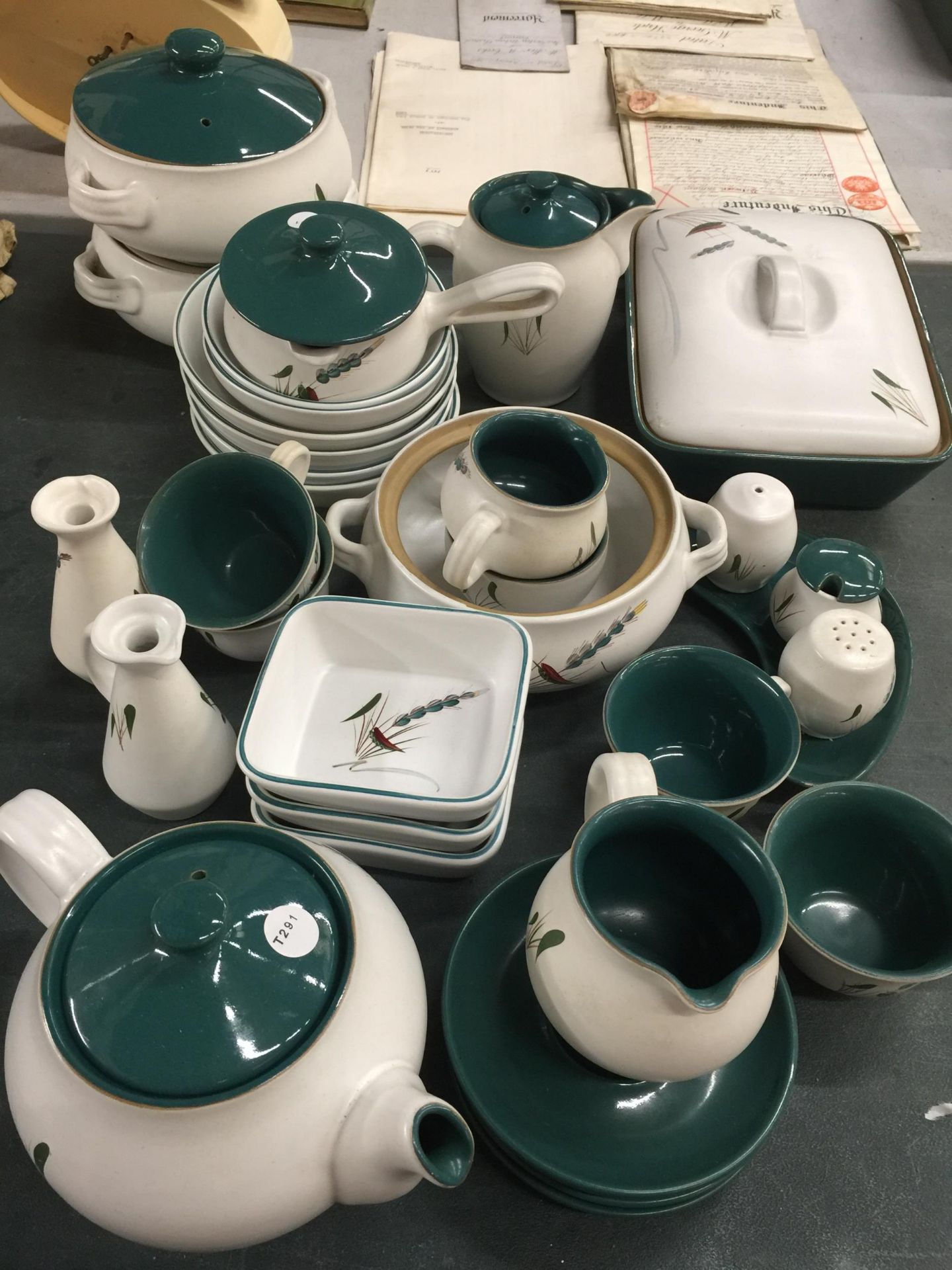 A COLLECTION OF DENBY STONEWARE GREENWHEAT PATTERN DINNER WARES