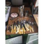 A QUANTITY OF VINTAGE FLATWARE, CORKSCREWS, STAINLESS STEEL MILK JUG, ETC