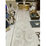 A QUANTITY OF CUT GLASS TO INCLUDE A DECANTER, WINE AND SHERRY GLASSESS, ETC