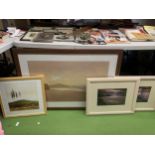 A GROUP OF FOUR MODERN FRAMED PRINTS TO INCLUDE A PAIR OF SUNSET BEACH SCENE EXAMPLES, SPENCER SEE