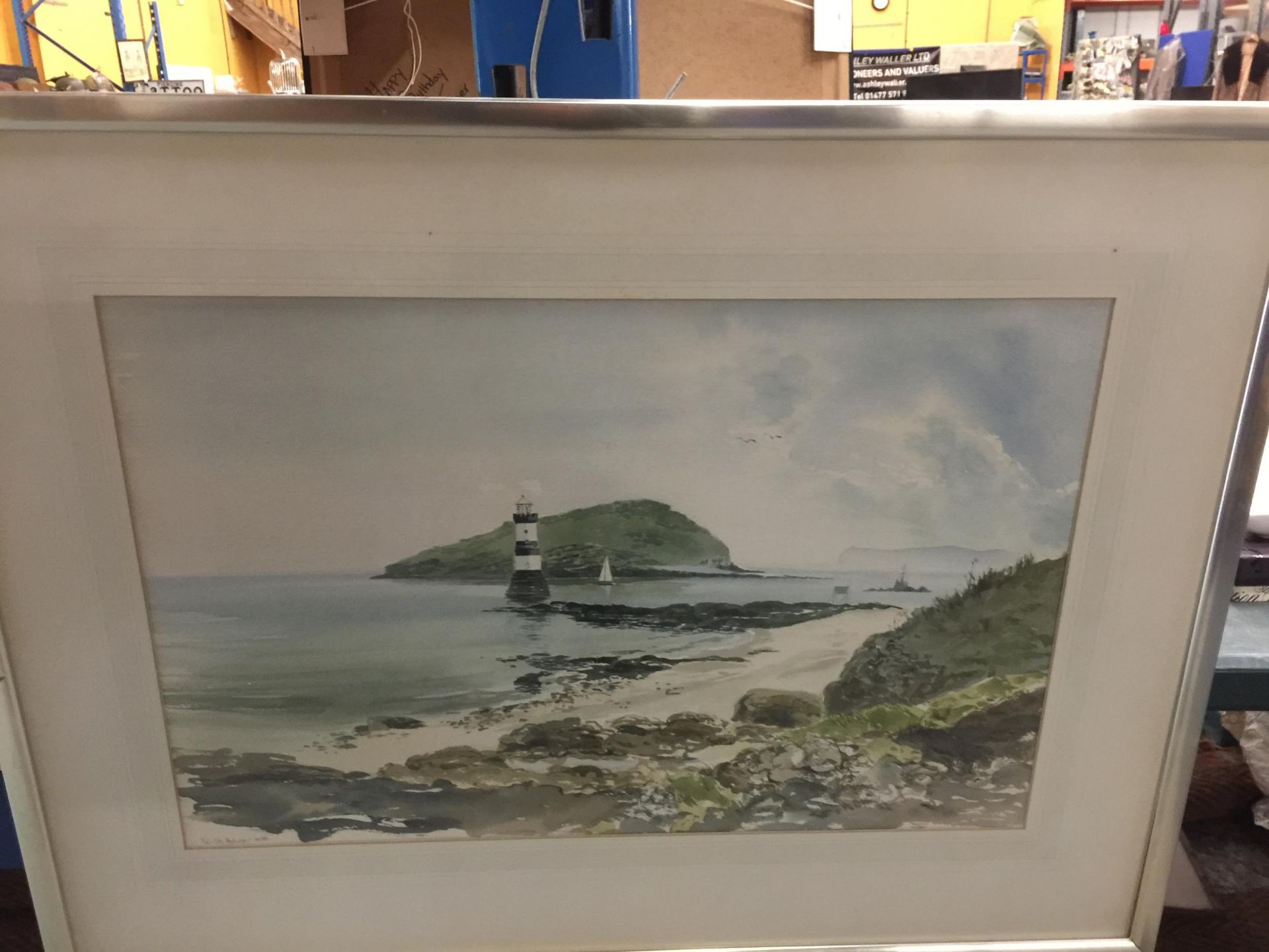 A FRAMED WATERCOLOUR OF A LIGHTHOUSE, SIGNED LOWER LEFT CORNER - Image 2 of 2