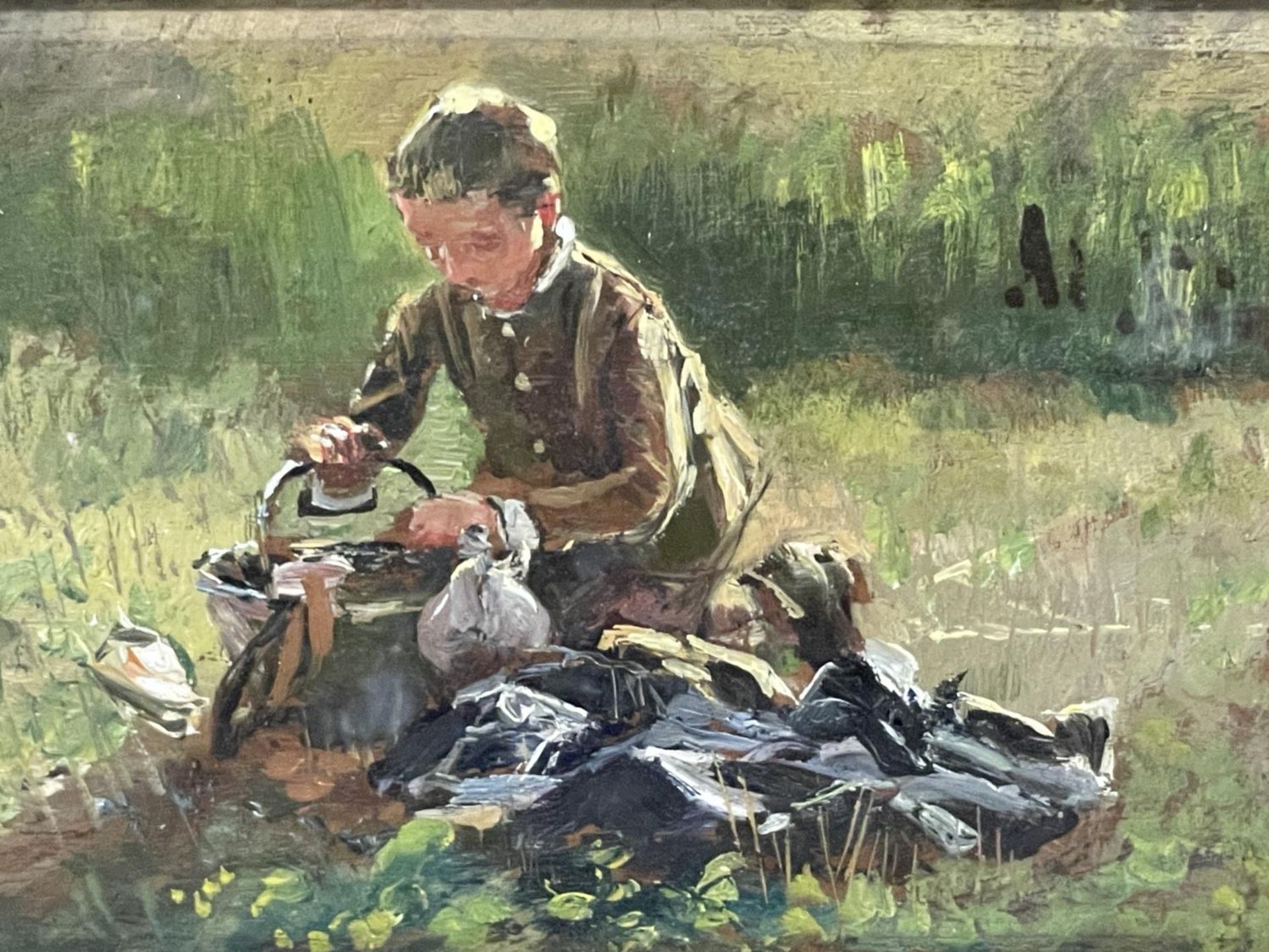 BELGIUM SCHOOL (LATE 19TH CENTURY) BOY WITH BUCKET, OIL ON PANEL, 13CM X 21CM, FRAMED AND GLAZED - Image 3 of 4