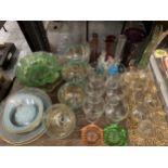 A COLLECTION OF GLASSWARE TO INCLUDE COLOURED GLASS VASES , DESSERT CUPS ETC