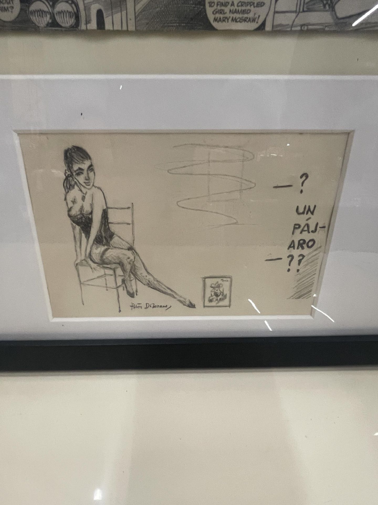 A FRAMED JAMES BOND IAN FLEMING COMIC BOOK STRIP WITH LOWER PENCIL SIGNED DRAWING OF A LADY, - Image 3 of 3