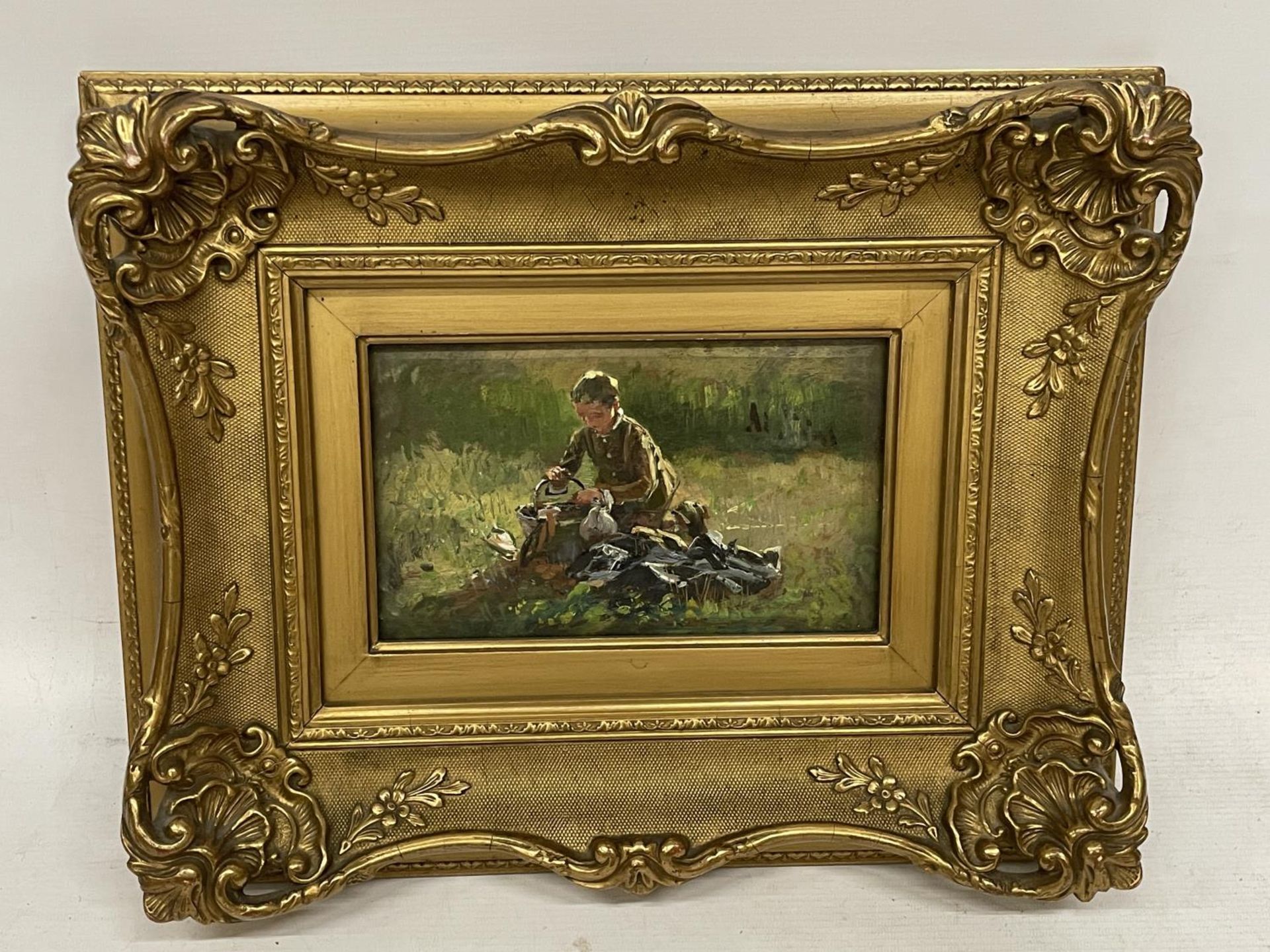 BELGIUM SCHOOL (LATE 19TH CENTURY) BOY WITH BUCKET, OIL ON PANEL, 13CM X 21CM, FRAMED AND GLAZED