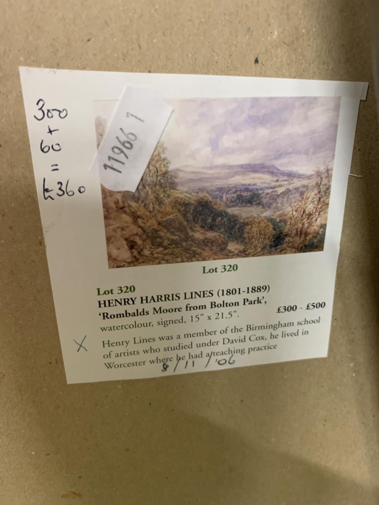 AN 1850'S SIGNED WATERCOLOUR BY HENRY HARRIS LINES, GALLERY ARTIST, 'ROMBALDS MOOR FROM BOLTON - Bild 3 aus 4
