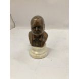 A SMALL BRONZE BUST OF WINSTON CHURCHILL ON MARBLE BASE