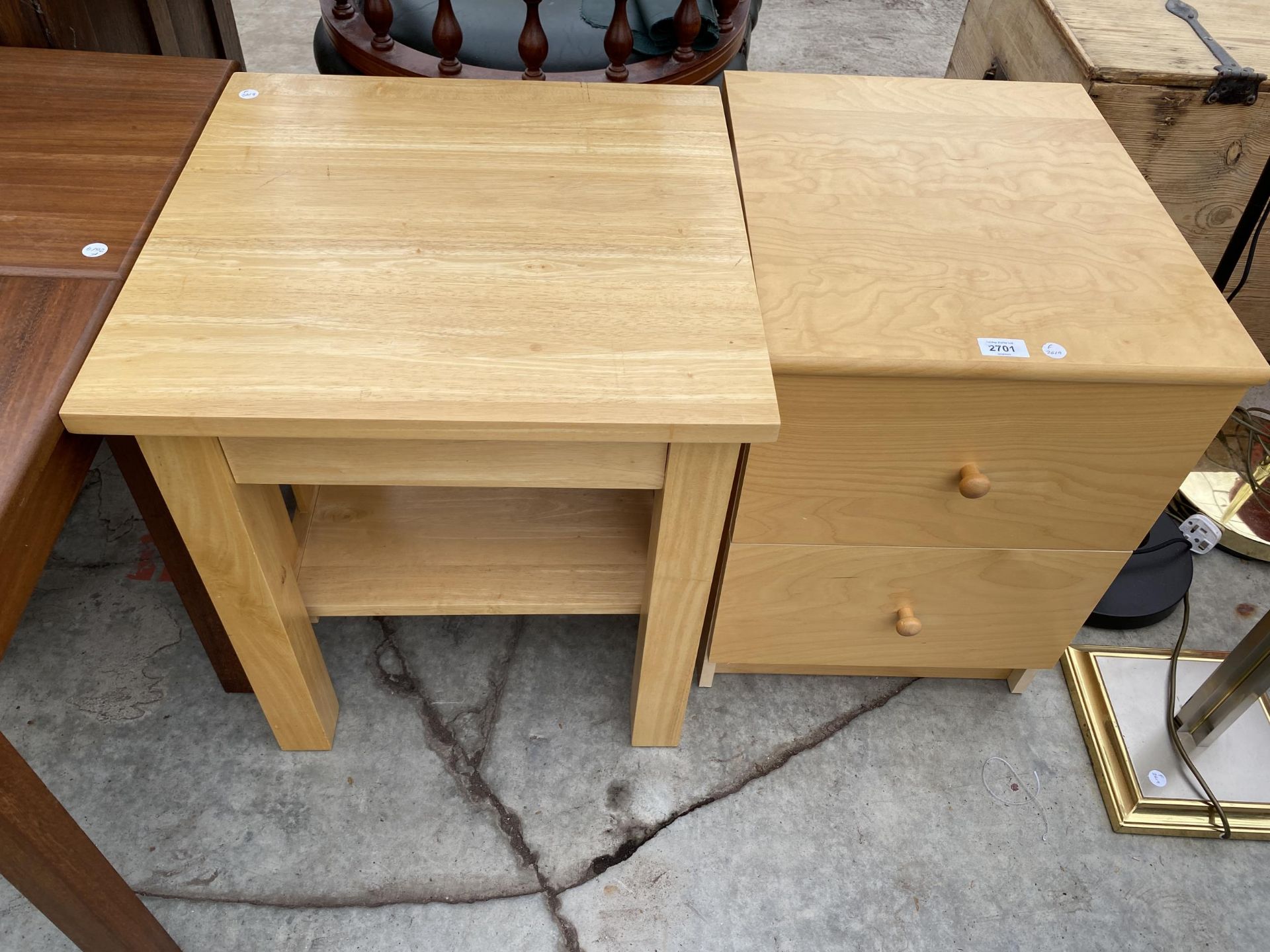 A MODERN TWO TIER LAMP TABLE AND BEDSIDE CHEST