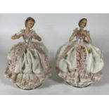 A PAIR OF ANTIQUE DRESDEN LACE PORCELAIN FIGURES, BLUE MEISSEN CROSS SWORDS MARKS TO BASE