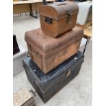 THREE VARIOUS VINTAGE METAL TRAVEL TRUNKS