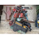 AN ASSORTMENT OF TOOLS TO INCLUDE A DRILL, A MITRE SAW AND A SPIRIT LEVEL ETC