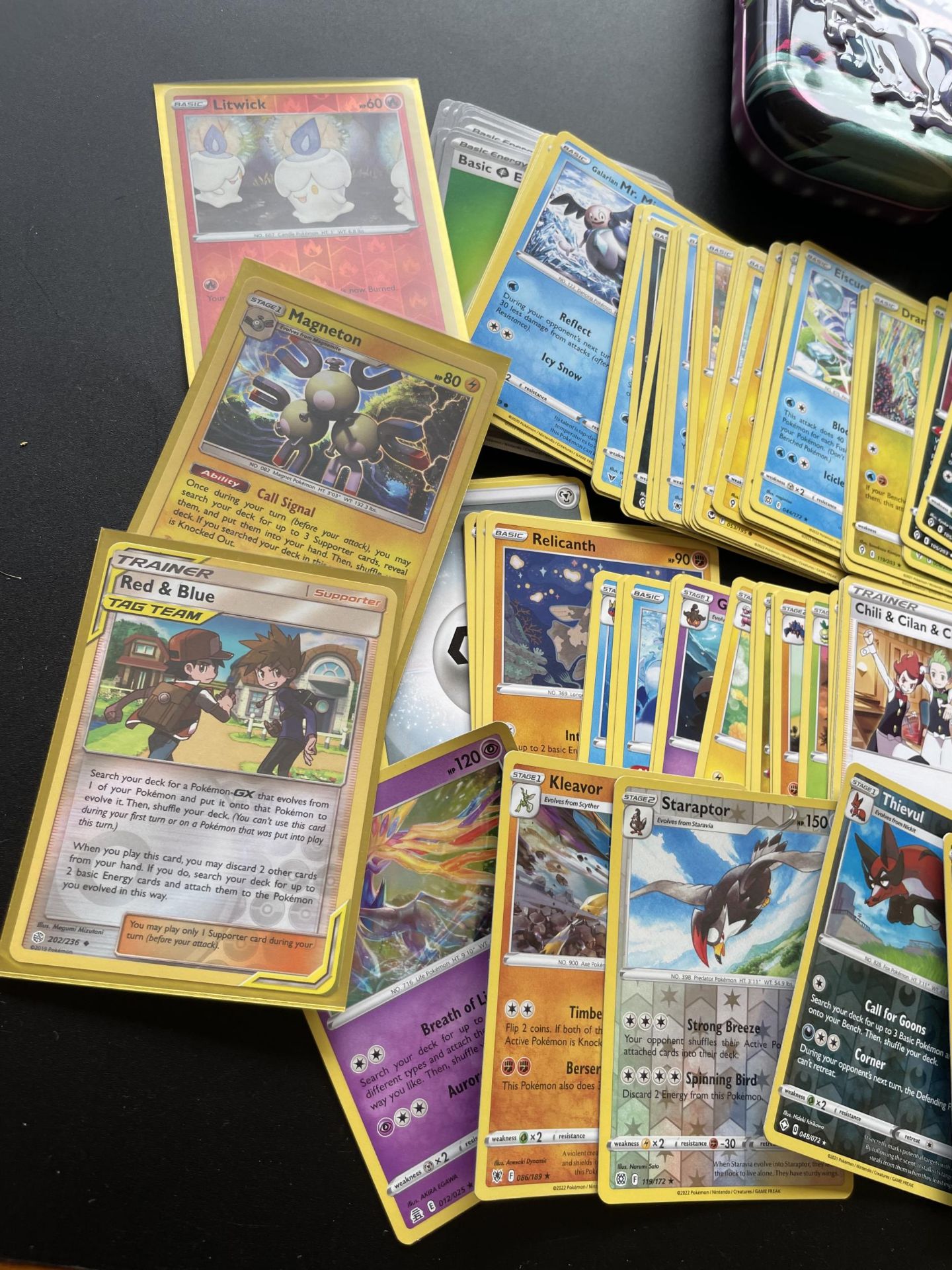 TWO TINS OF ASSORTED POKEMON CARDS, HOLOS ETC - Image 2 of 5