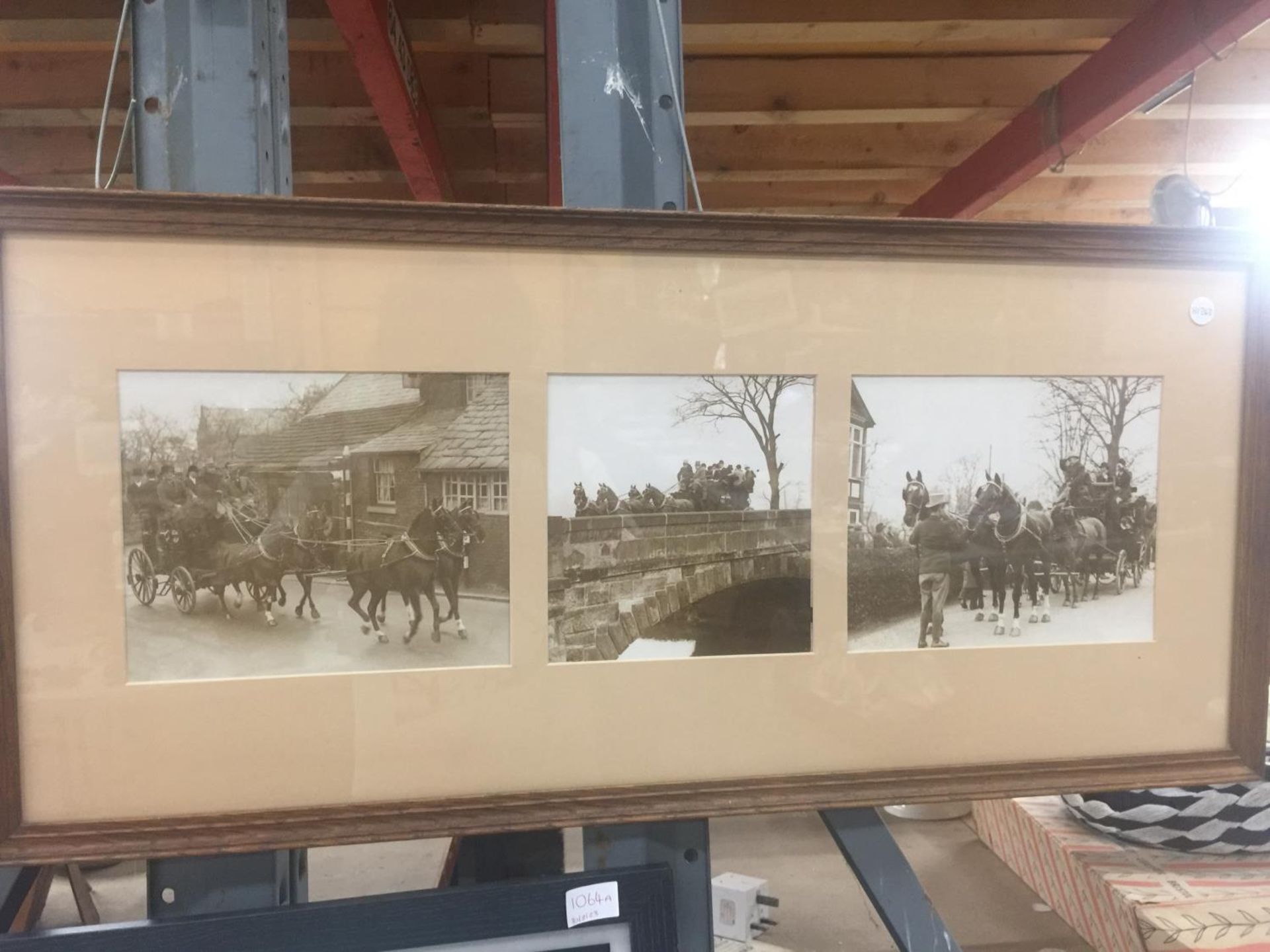 A FRAMED SEPIA STYLE PICTURE OF A CARRIAGE AND FOUR HORSES PLUS A FRAMED MONTAGE OF EVENTING AND - Image 3 of 3