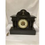 A VICTORIAN SLATE CHIMING MANTLE CLOCK WITH PENDULUM AND KEY
